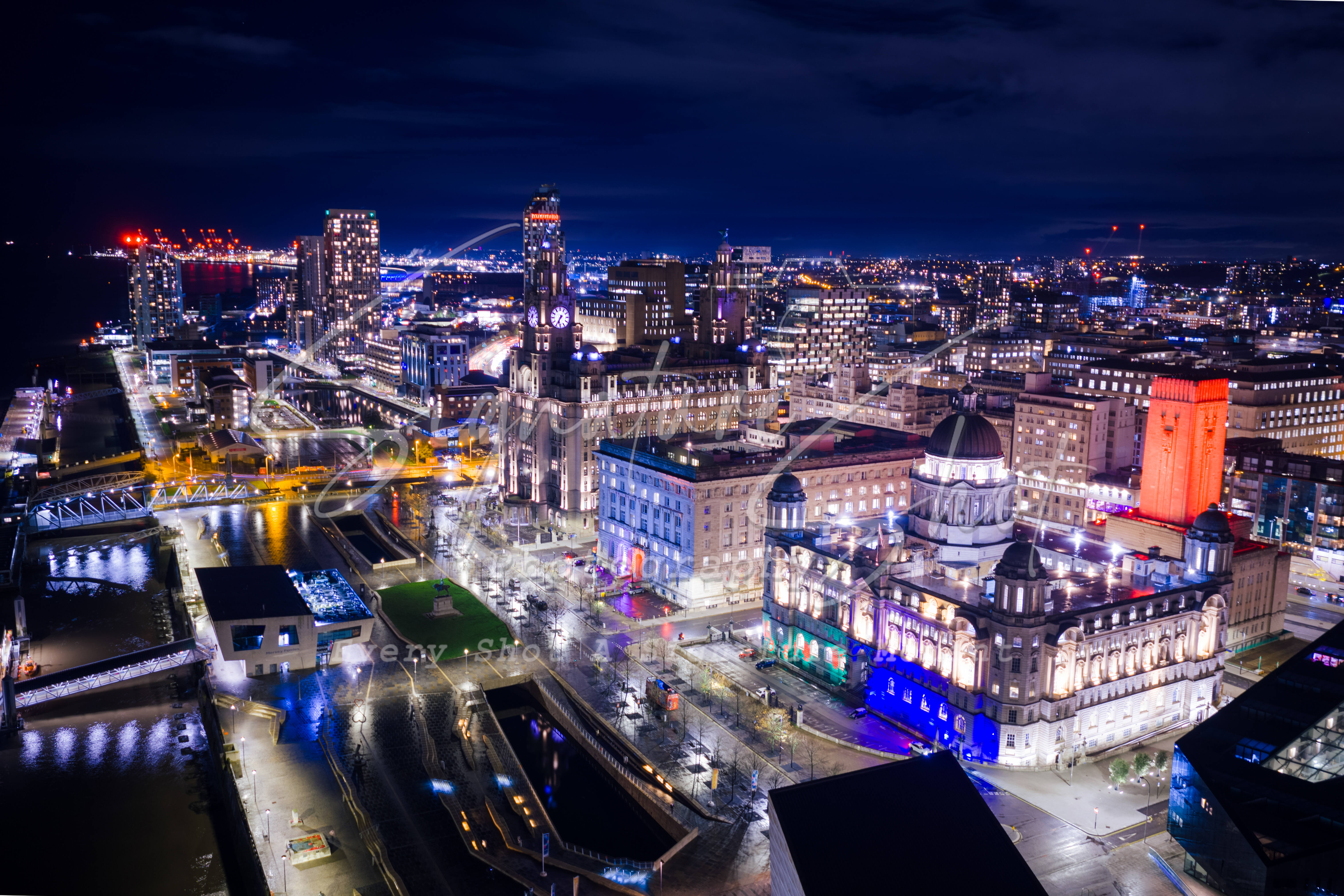 Liverpool Pier Head Vibrant Night Scene | Fine Art Framed A3 Print