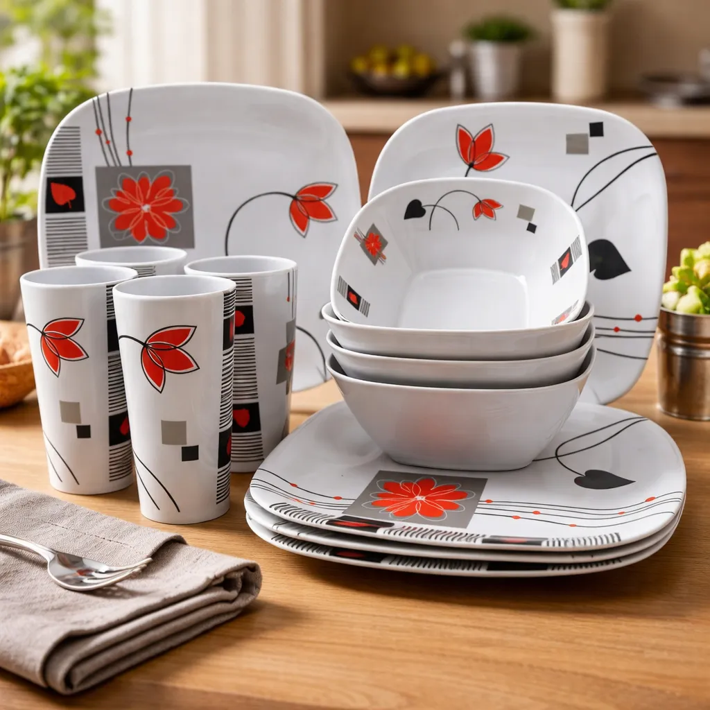 Vajilla De Melamina 12 Pzas con Vaso Rojo