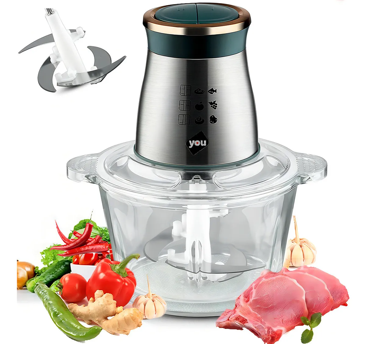 Procesador de Alimentos You 800W 4 Cuchillas Vidrio 2L Plata/Verde