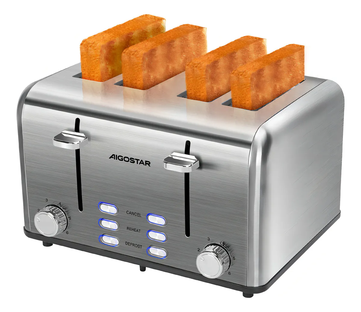 Tostadora Aigostar 4 Ranuras Acero 1750W 6 Niveles Funciones Bagel Descongelar