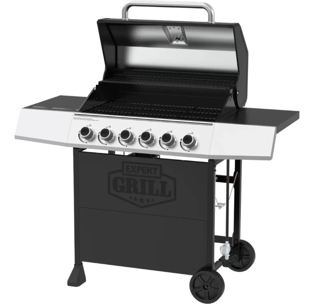 Asador Expert De 6 Quemadores 2 Parrillas Termostato Llantas Negro Acero