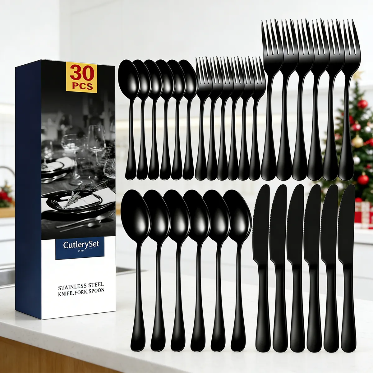 Juego De Cubiertos 30 Pzas. Negro