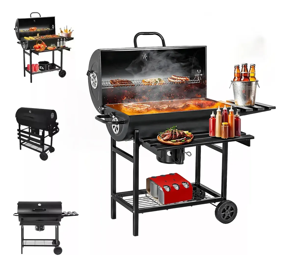 Parrilla Asador De Carbón Tipo Barril Con Ruedas Acero Inox Agua