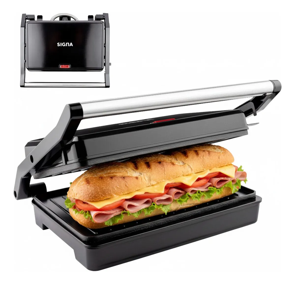 Parrilla Sandwichera Eléctrica Panini Antiadherente Acero Inoxidable Color Negro Signa