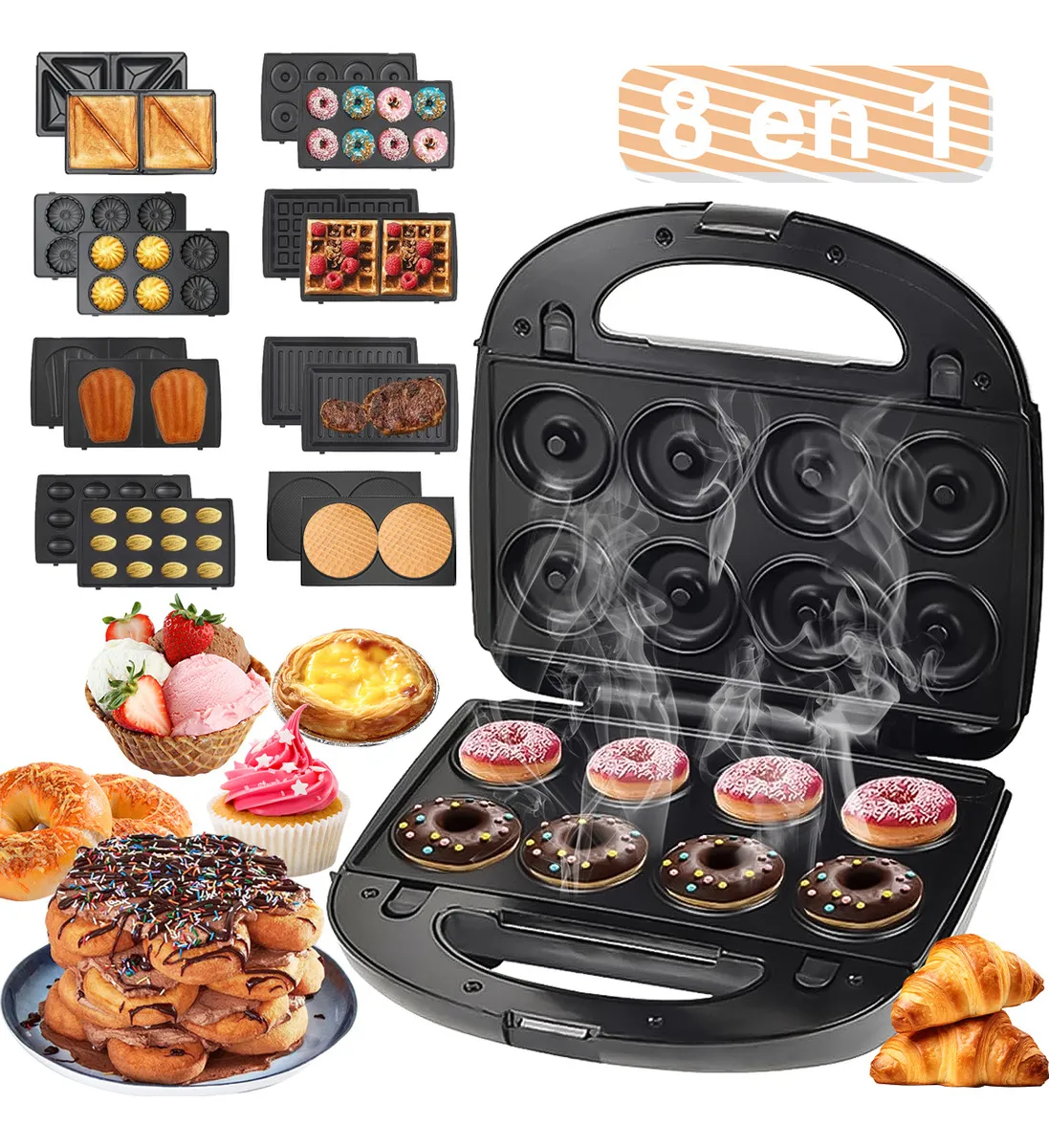 Máquina Para Hacer Donas 8 En 1 Waffles Hot Dog Y Bife gofres