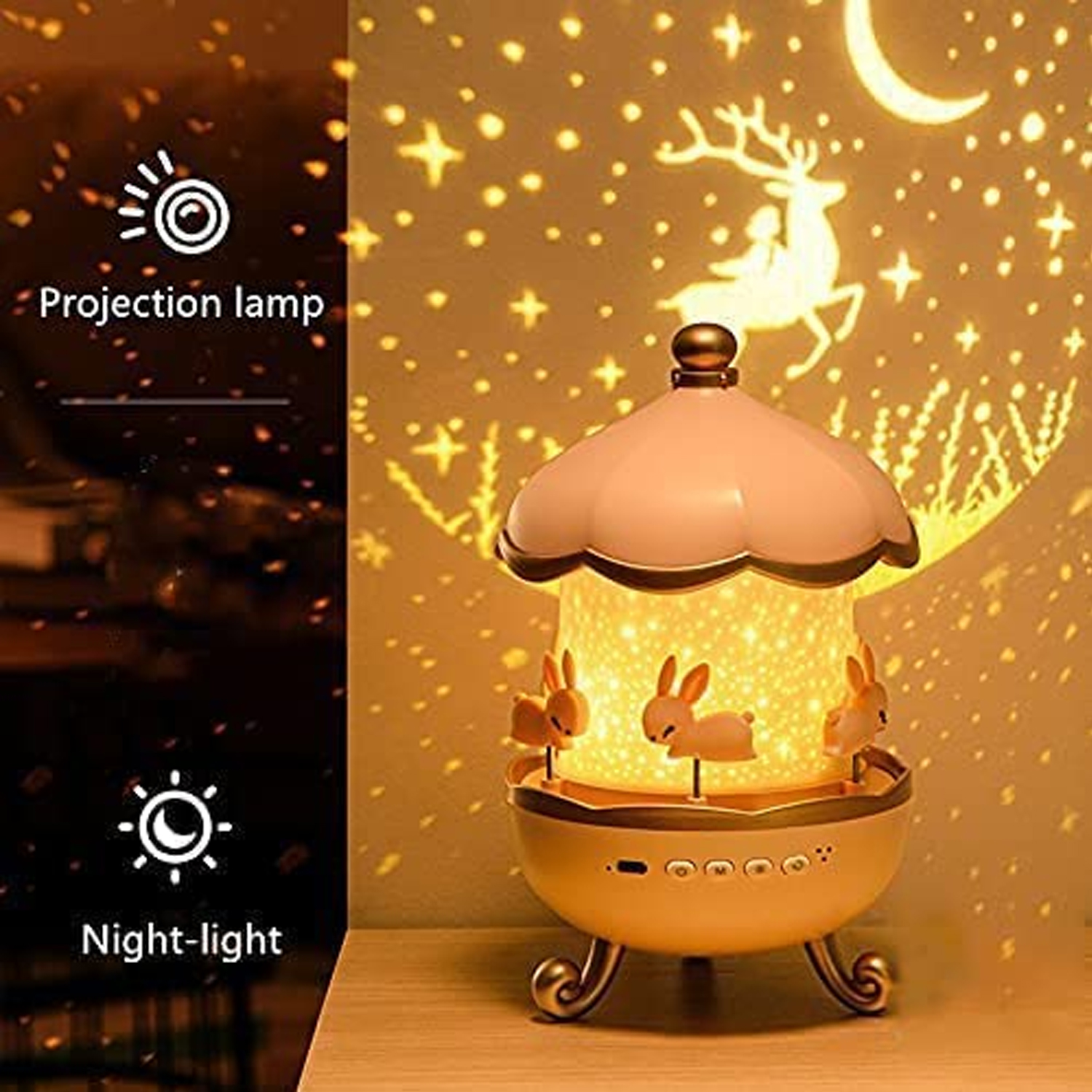 LED Rotating Night Light  Bunny Carousel with Starry Projection