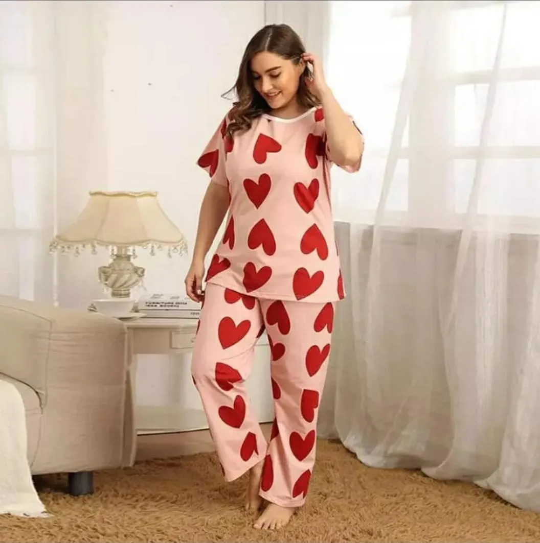 Heart Print Pajama Set for women night dress