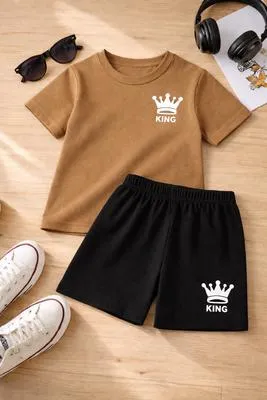 King Crown Print 2-Piece Tracksuit for Boys Brown Black