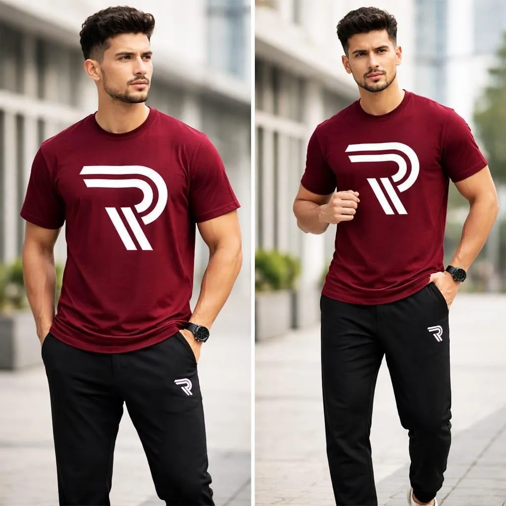 Maroon Graphic Tee and Pants In Cotton Jersey Stuff 