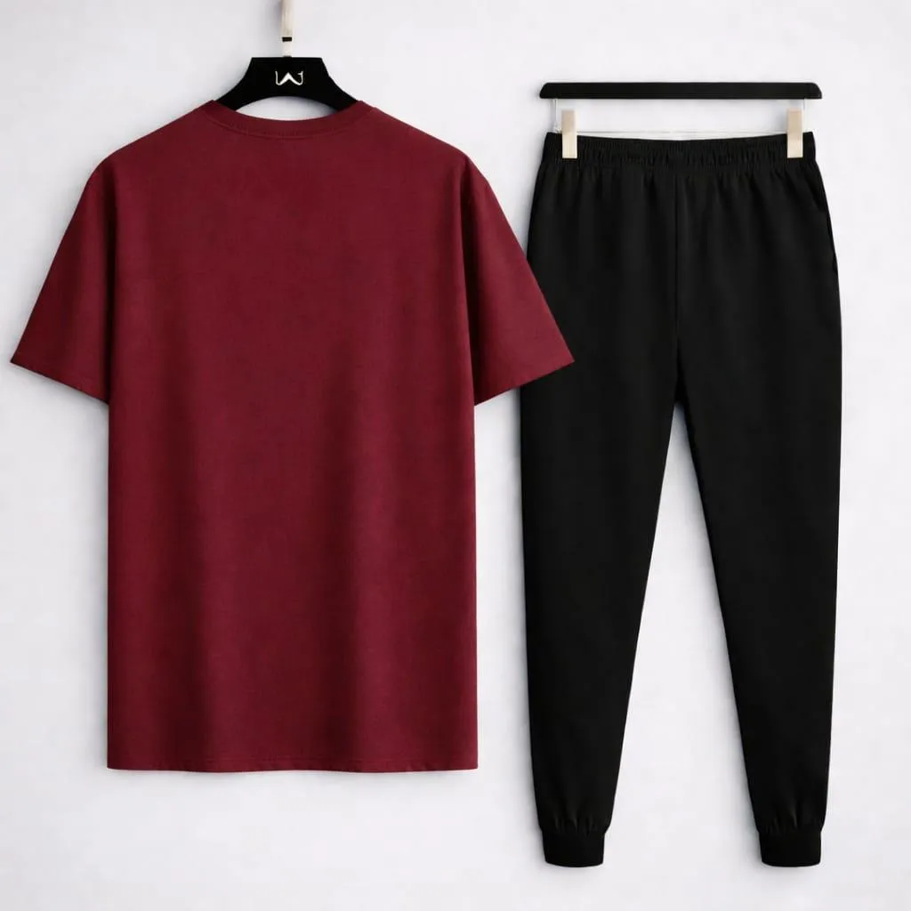 Maroon Graphic Tee and Pants In Cotton Jersey Stuff 