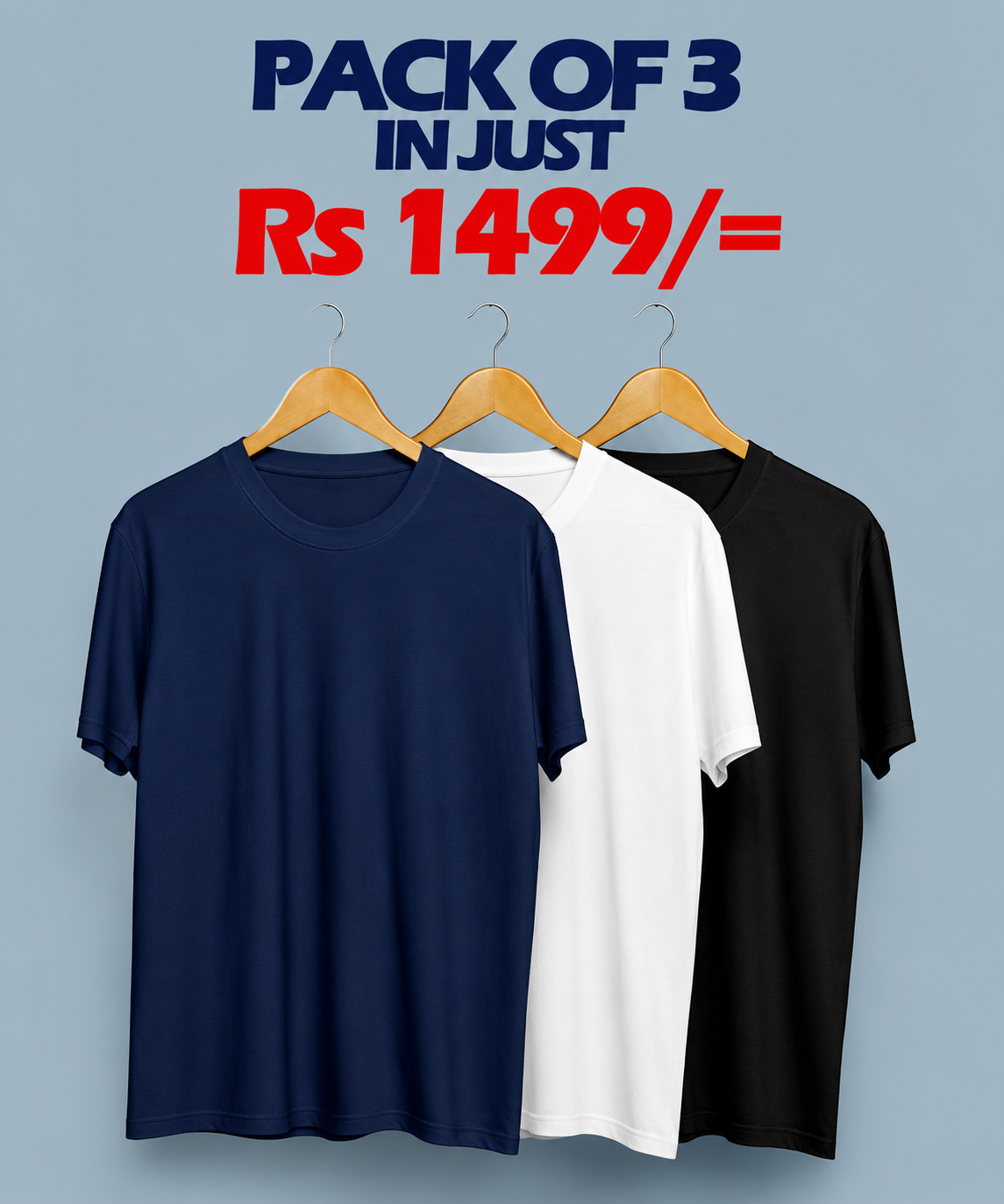 Premium Cotton Jersey T-Shirts Pack of 3 Navy White Black