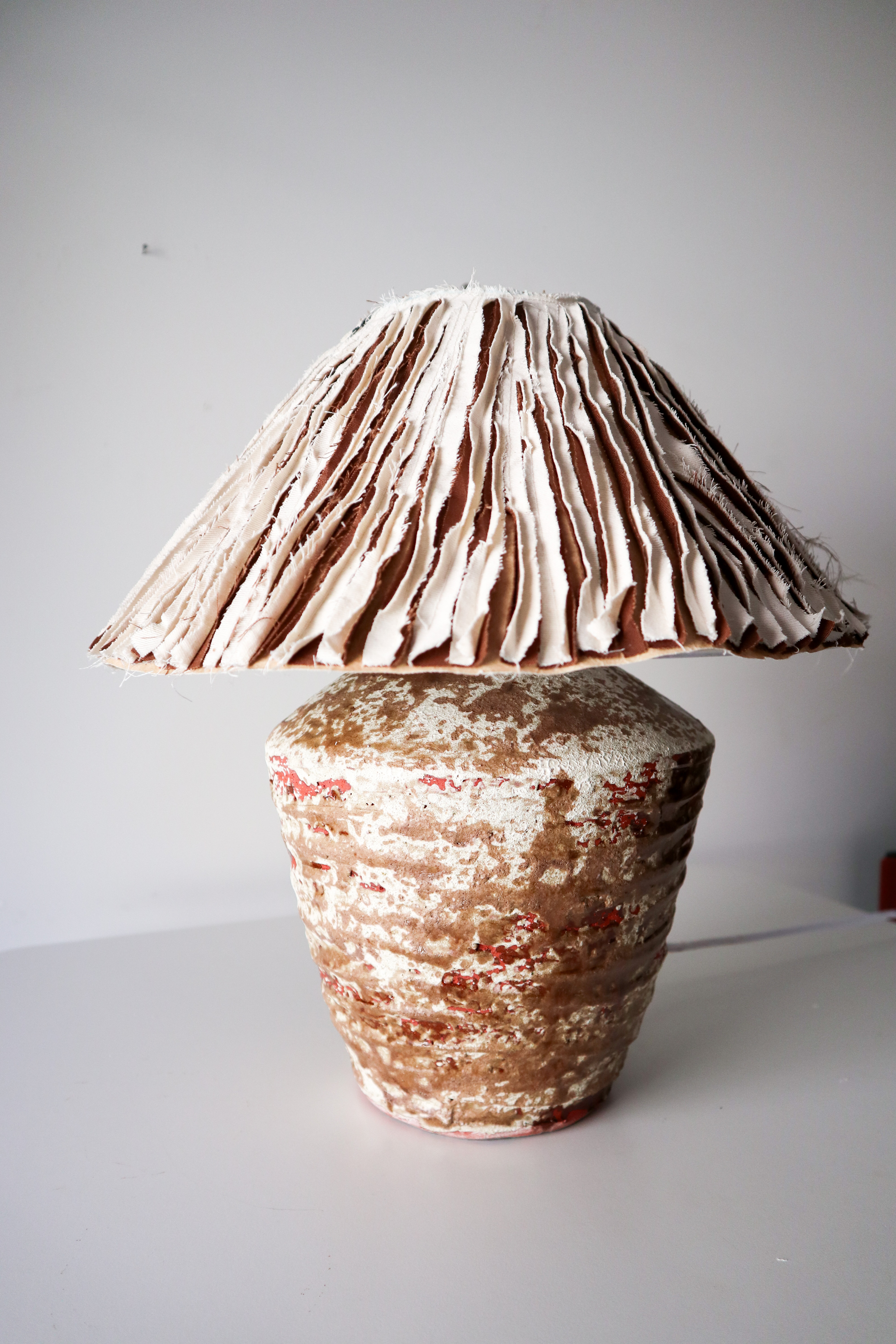 Handmade Wabi Sabi Ceramic Table Lamp, Mixed Media Art Shade, Rustic Bedside Lighting