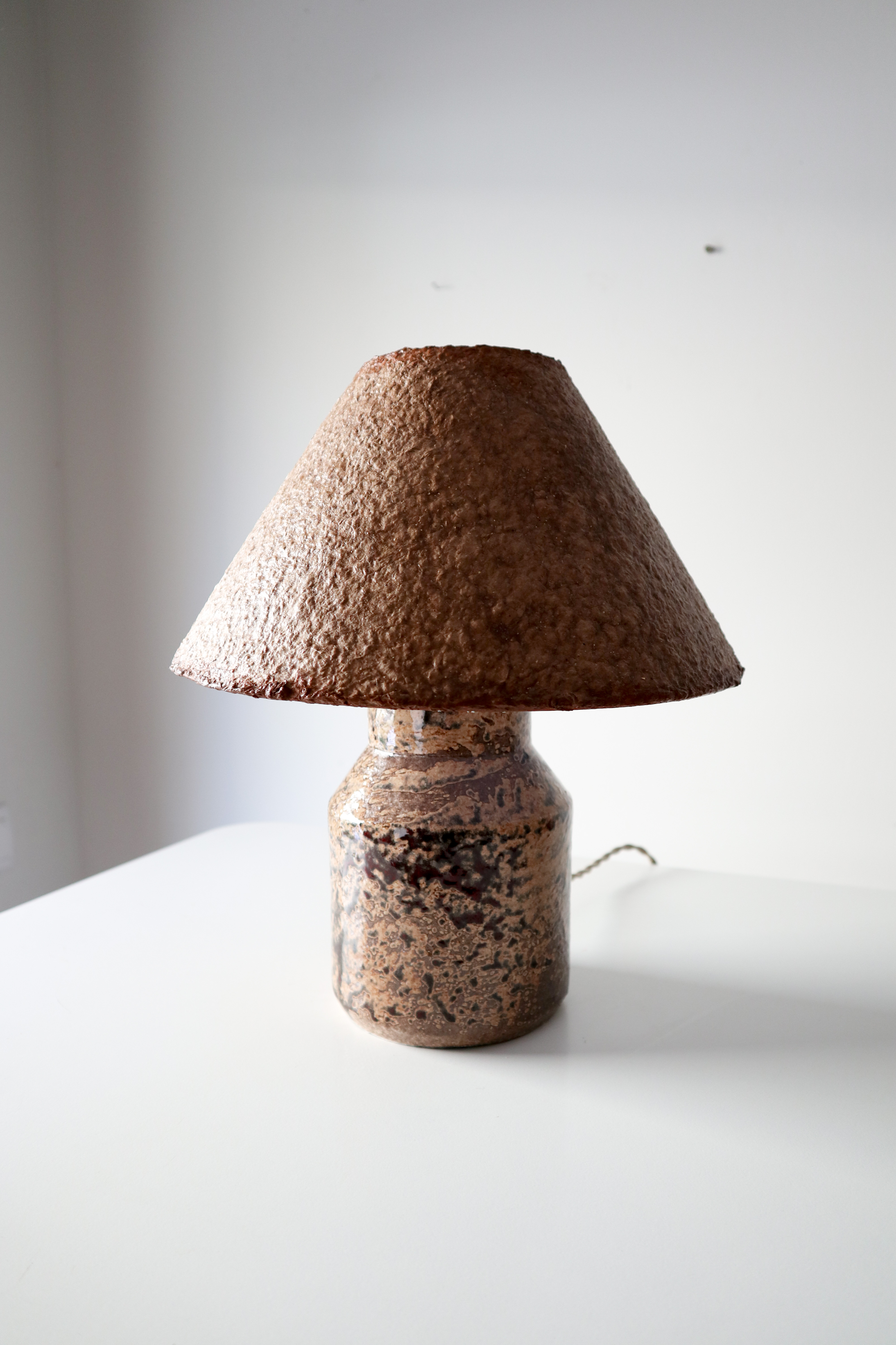 Hand-Thrown Ceramic Lamp, Textured Paper Art Shade, Organic Modern Bedside Light