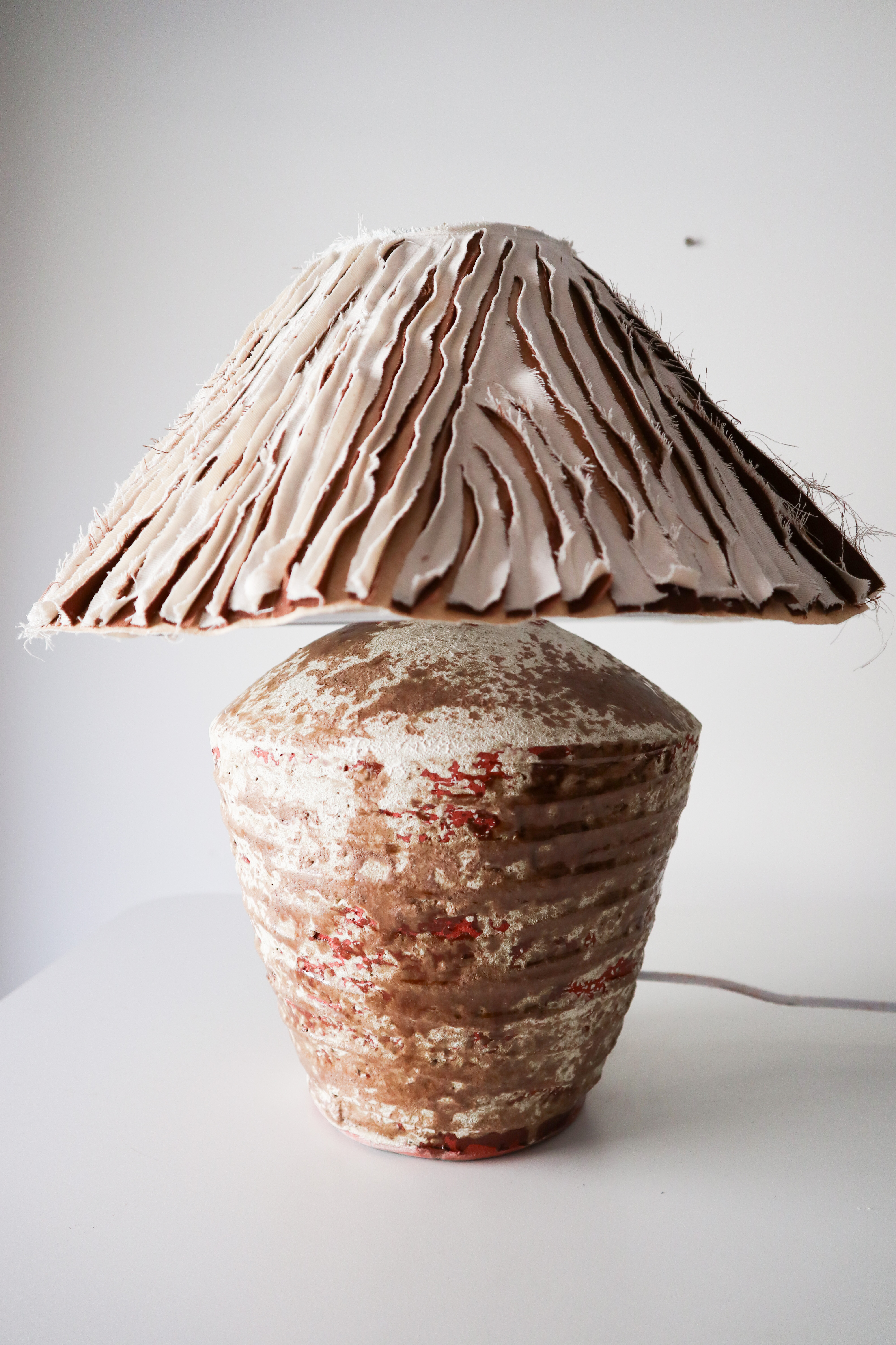 Handmade Wabi Sabi Ceramic Table Lamp, Mixed Media Art Shade, Rustic Bedside Lighting