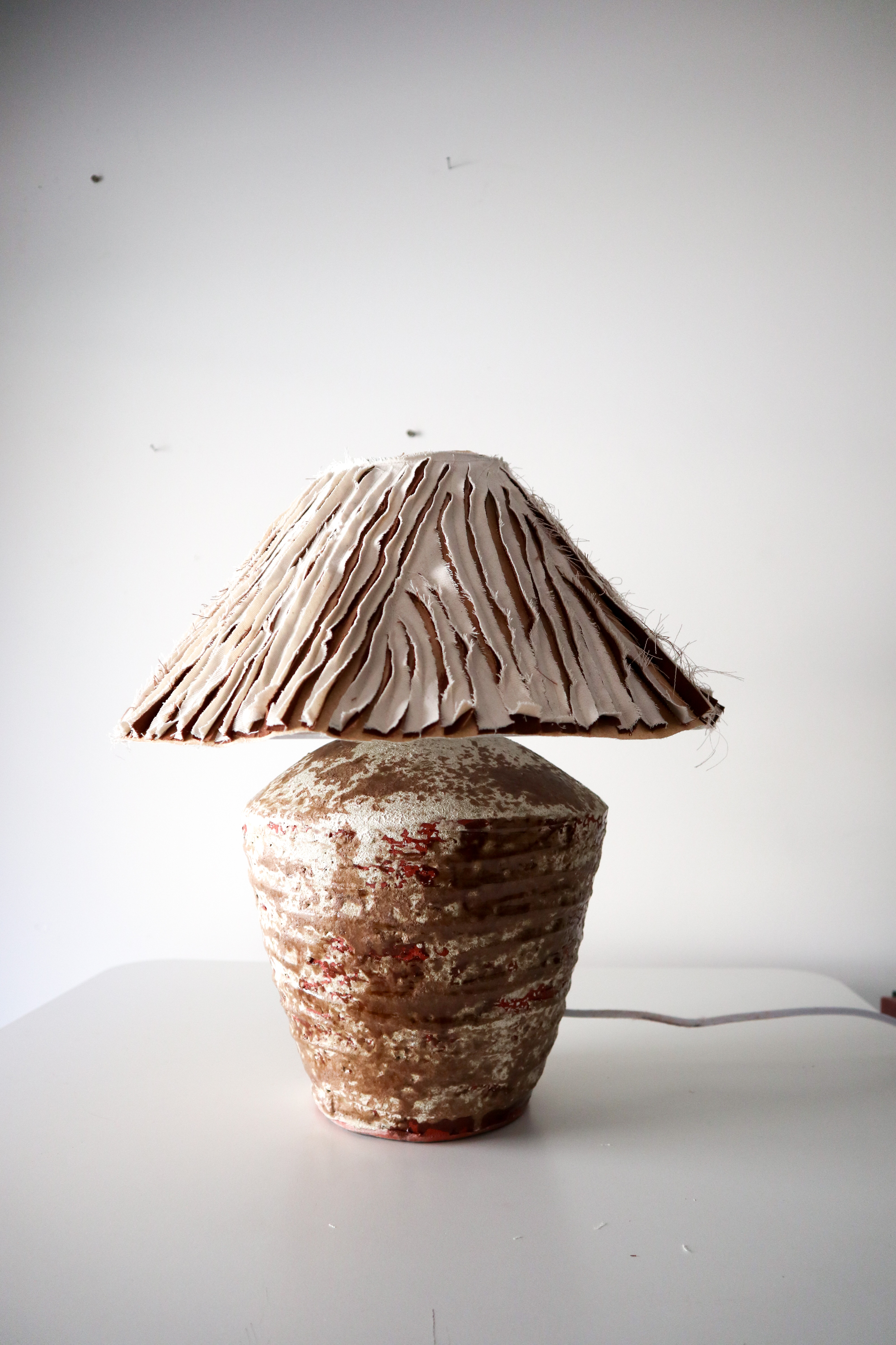 Handmade Wabi Sabi Ceramic Table Lamp, Mixed Media Art Shade, Rustic Bedside Lighting
