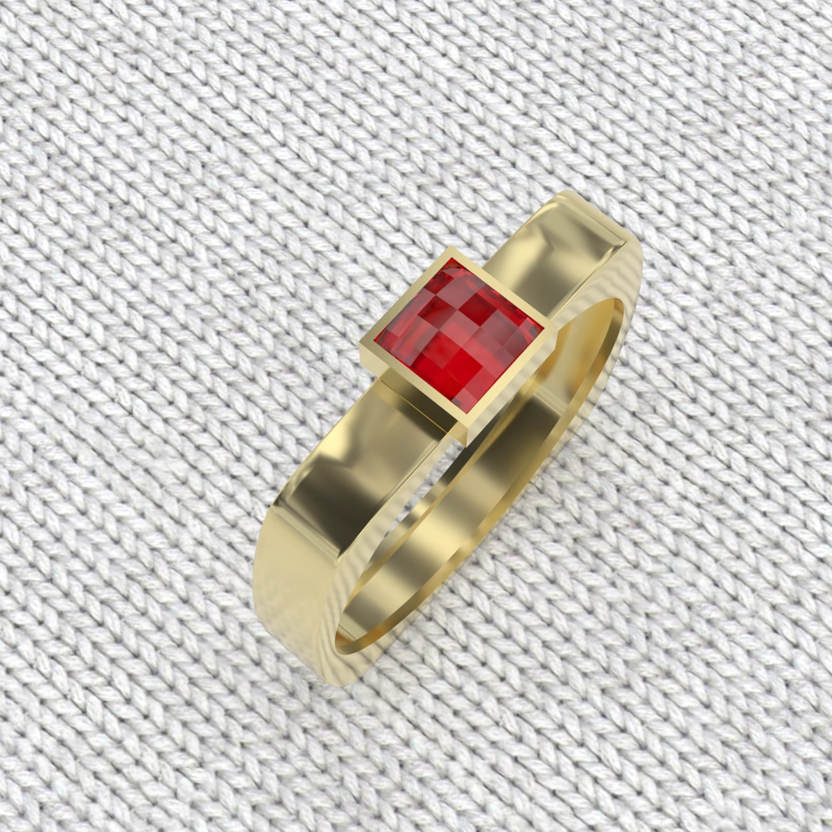 Bague homme carrée or  et grenat catalan 4 mm