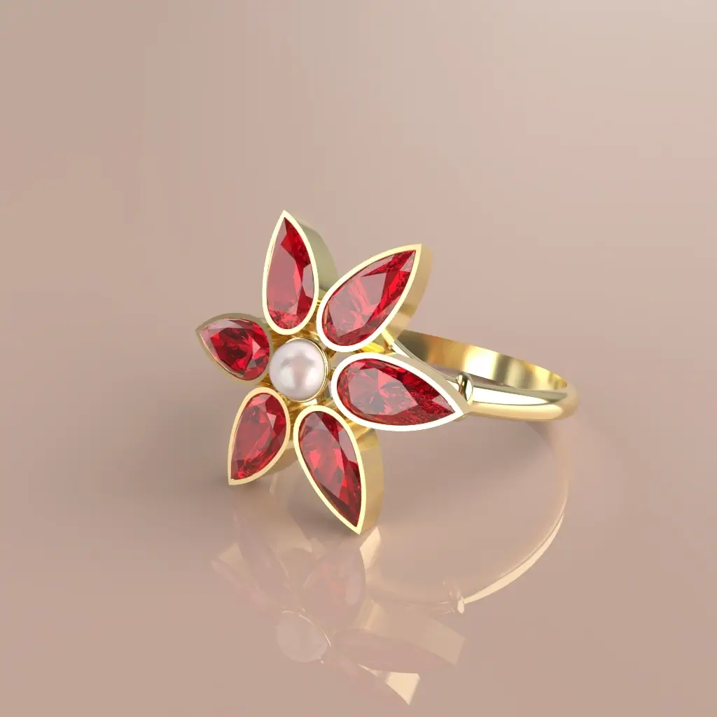 Bague or 18 carats grenat catalan poire et perle – Fleur artisanale