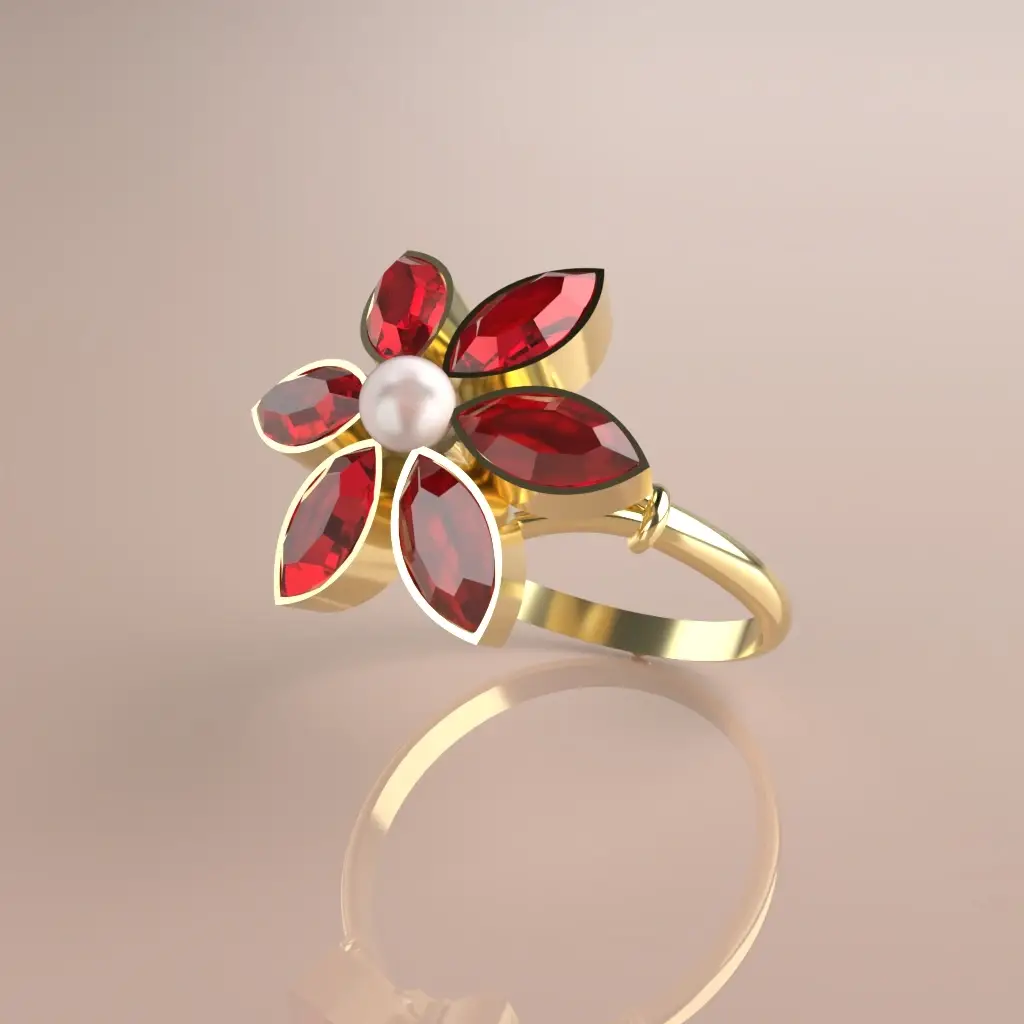 bague grenat navette et perle modèle fleur