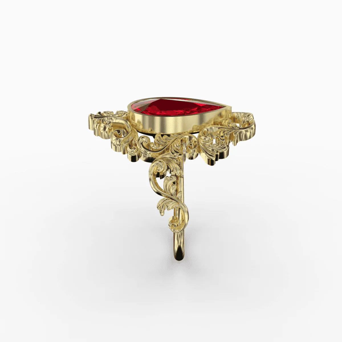 Bague or et grenat modèle feuillage