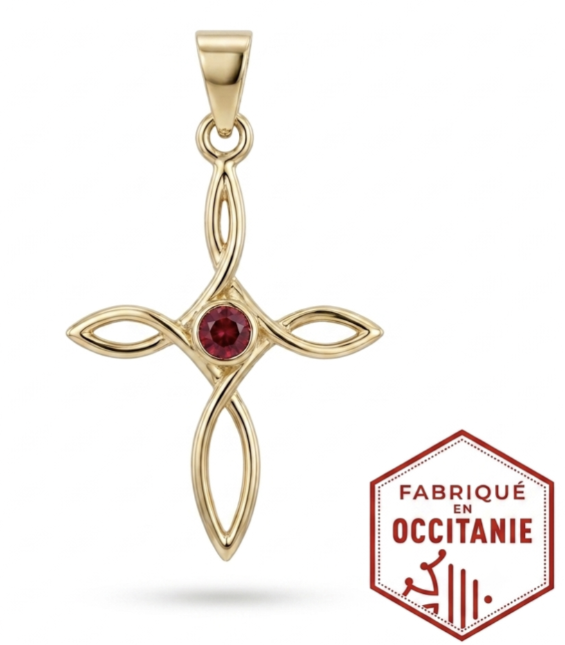 Croix en or 18 carats avec grenat catalan rond 3 mm