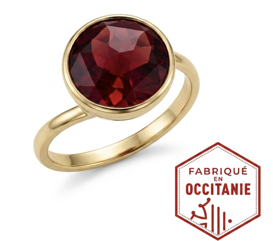 Bague en or 18 carats avec grenat catalan rond 11 mm