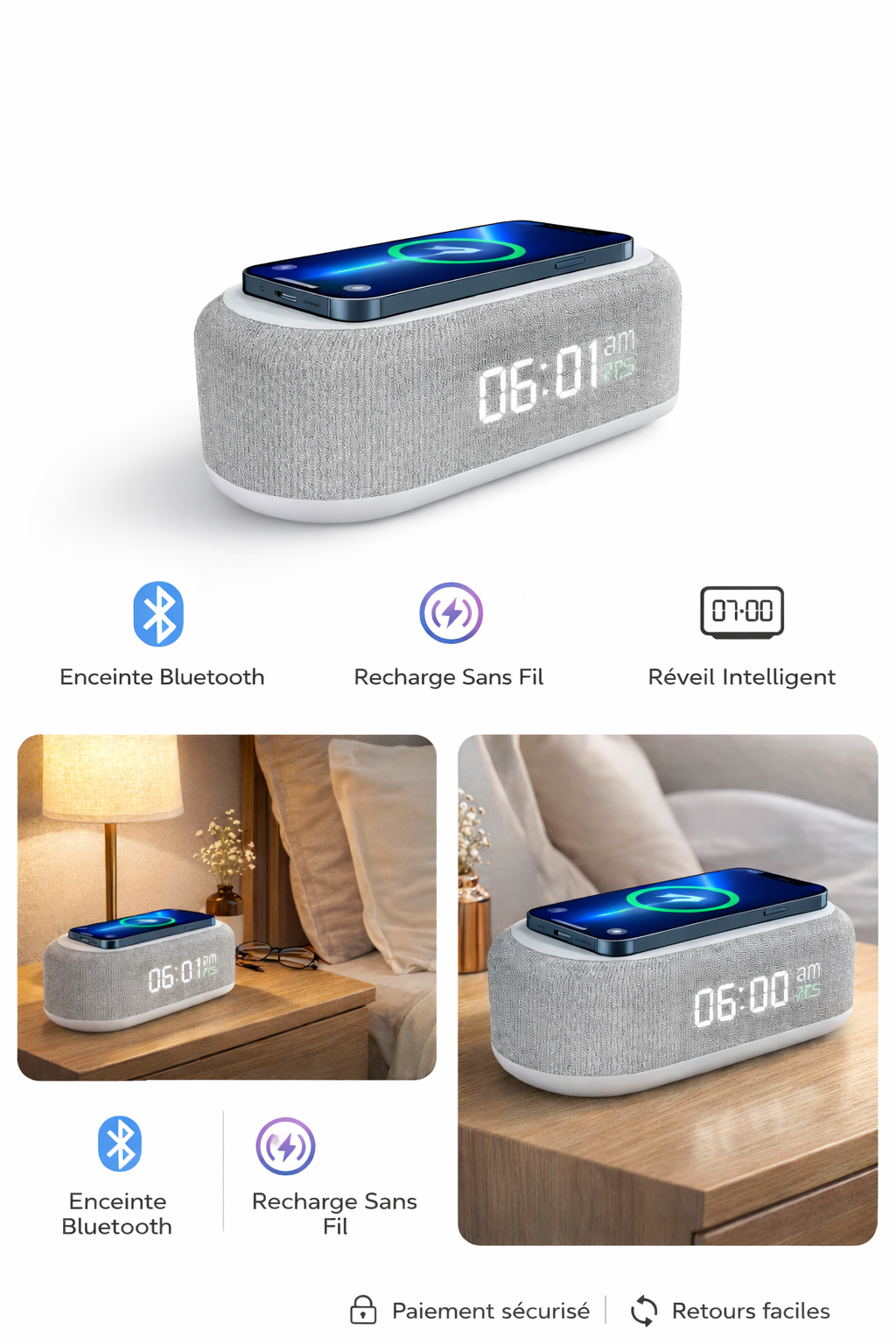 Réveil Bluetooth avec Chargeur Sans Fil