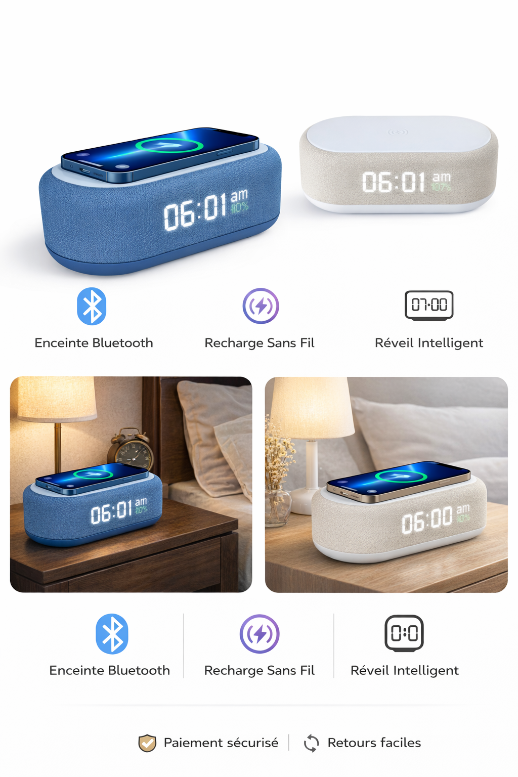 Réveil Bluetooth avec Chargeur Sans Fil