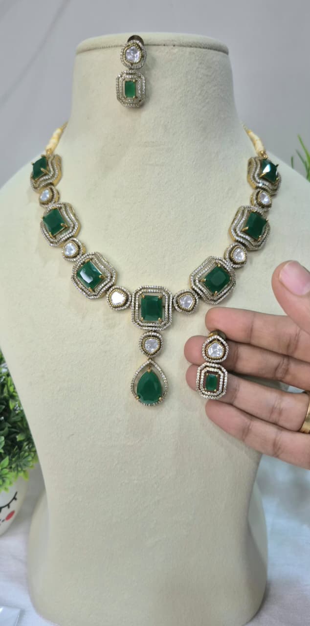 Moissanite Polki Emerald Necklace Set  sump12