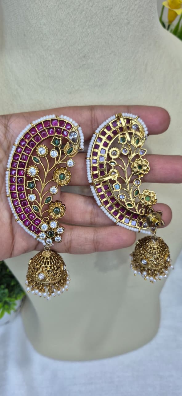 Jadau Nakshi Ear Cuffs with Ruby Stones   ERS45