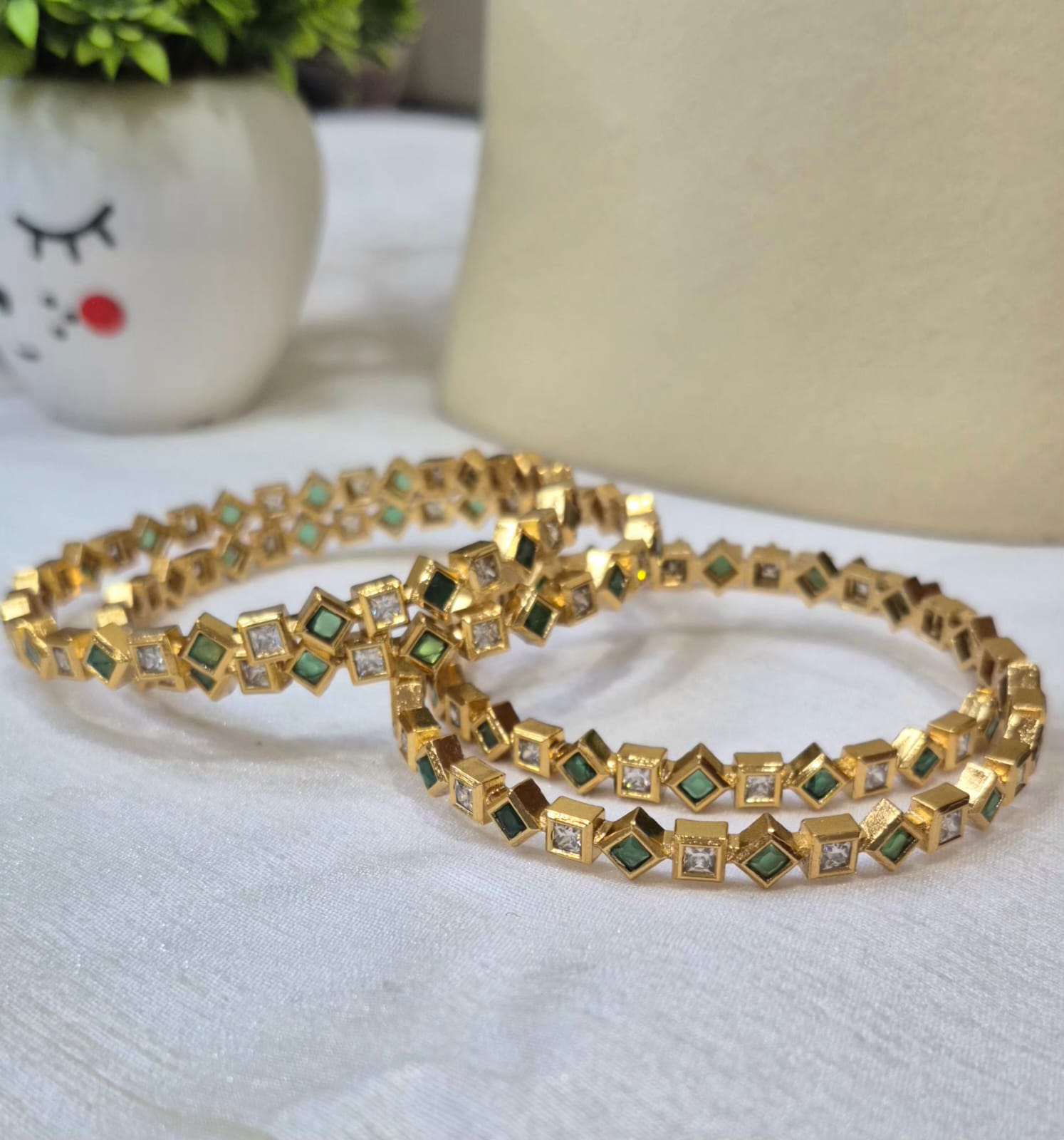 4 Designer Bangles with Green & White Stones   subgl37