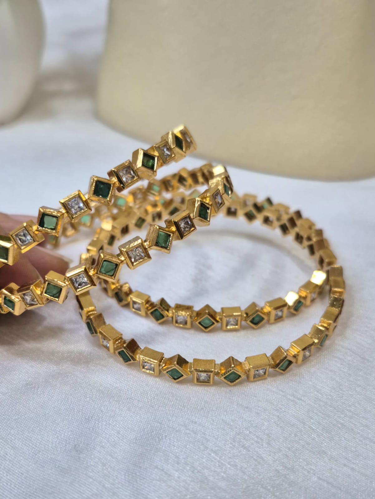 4 Designer Bangles with Green & White Stones   subgl37