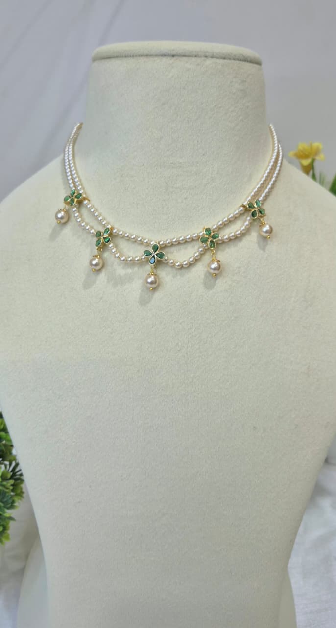 Pearl and Green Stone Jadau Necklace 