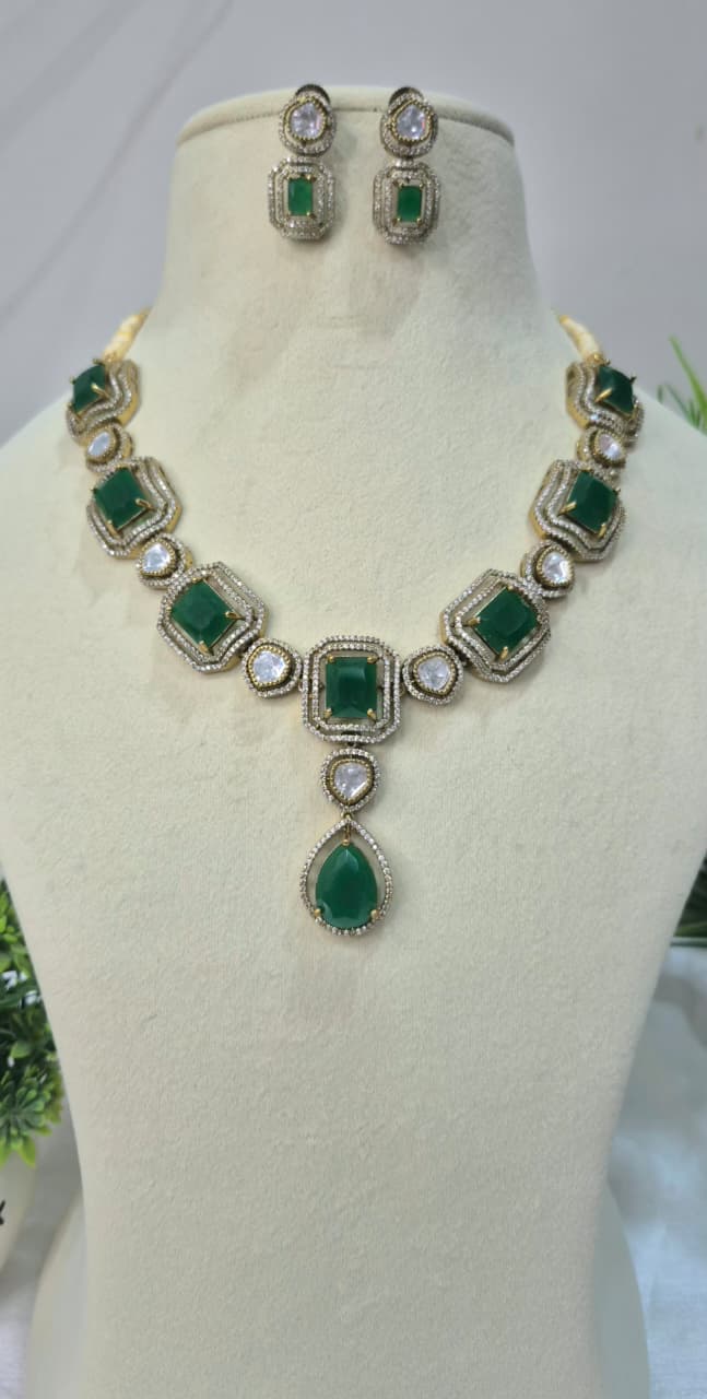 Moissanite Polki Emerald Necklace Set  sump12