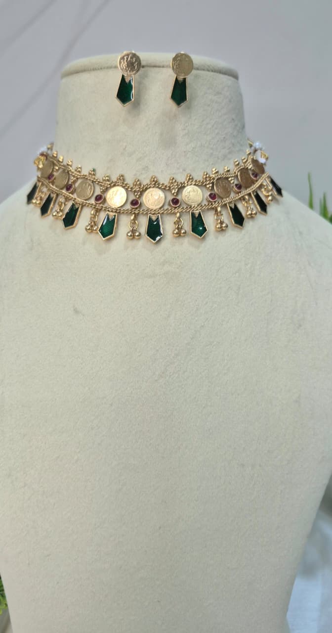 Gold-Plated Green Stone Choker Set  sugsc27