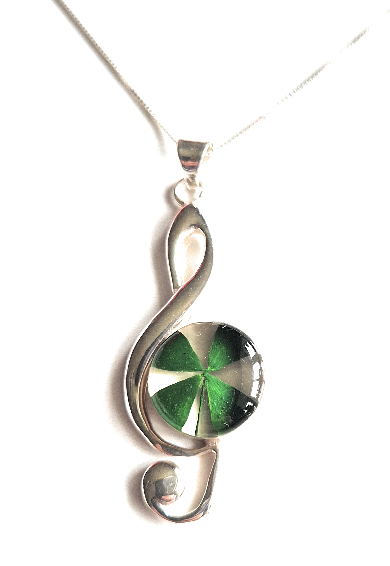 Sterling Silver Treble Clef with Four Leaf Clover Pendant Necklace