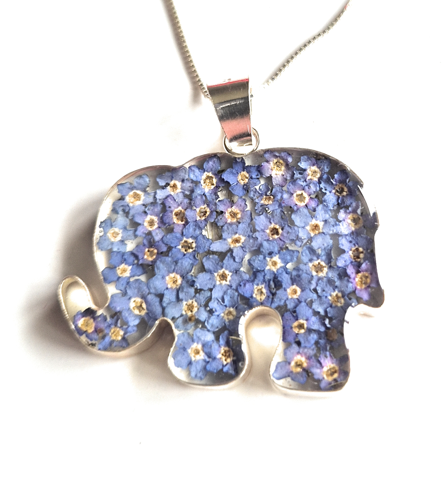 Sterling Silver with Forget-me-Not Flowers Elephant Shaped Pendant