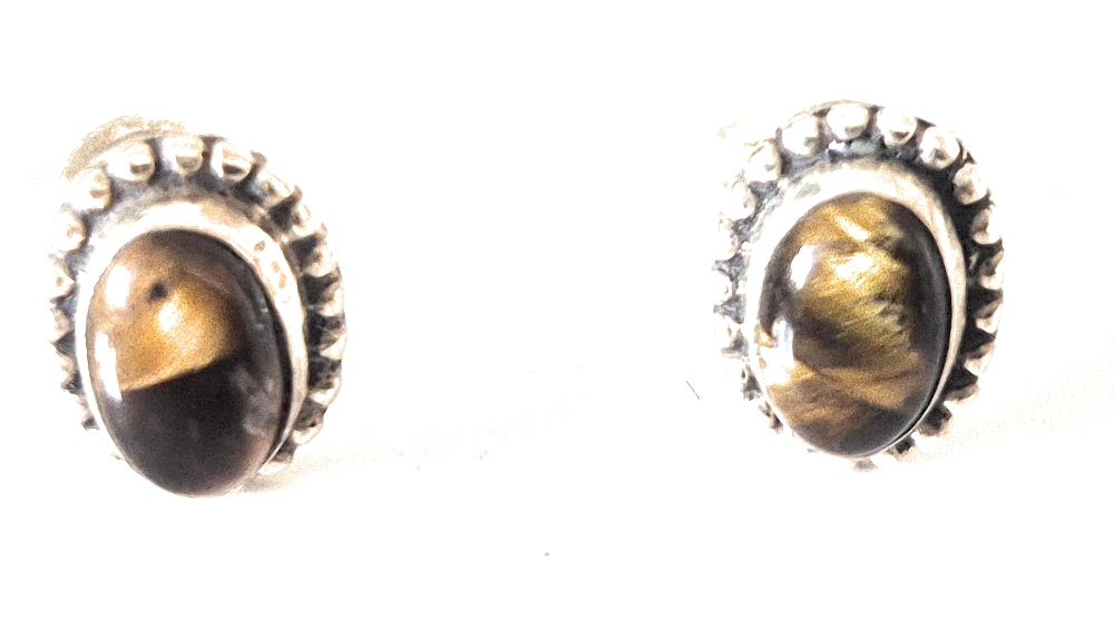 Sterling Silver Oval Tiger's Eye Stud Earrings