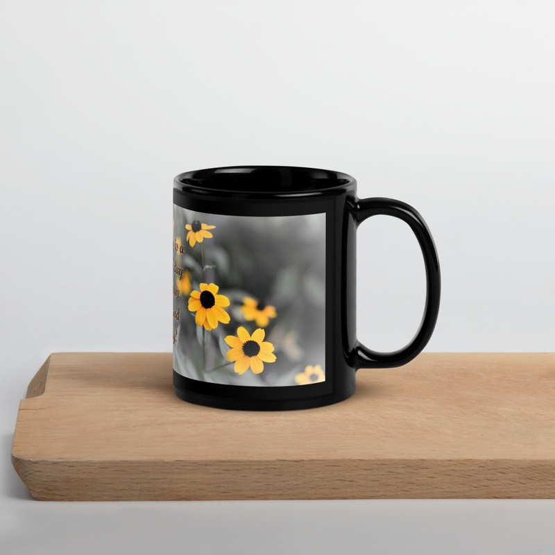 Yellow Flowers on Black Glossy Mug