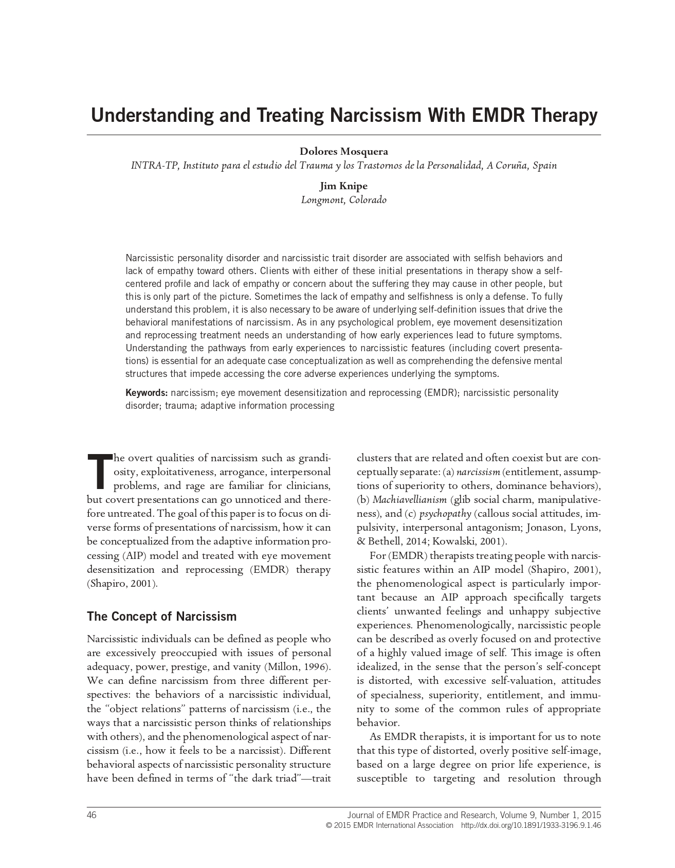 Narcissism Mosquera & Knipe Journal EMDR