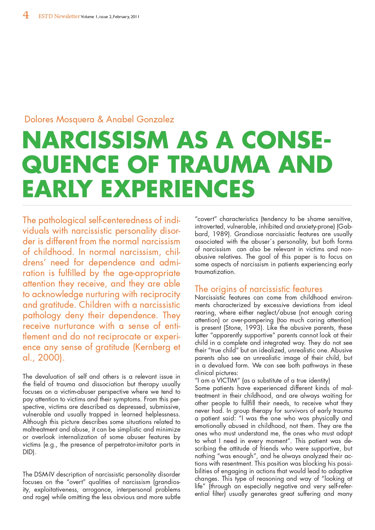 Narcissism and trauma ESTD Newsletter 2011