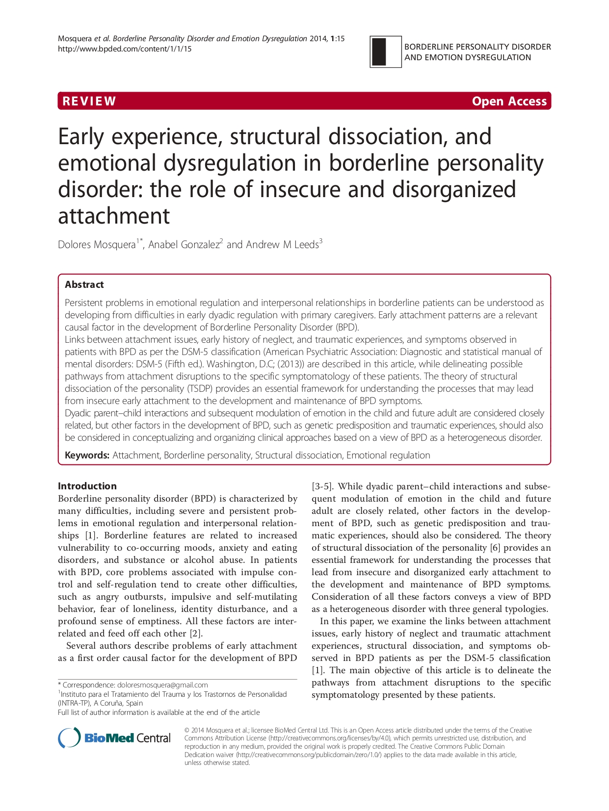 Early experience, structural dissociation and attachment BPD