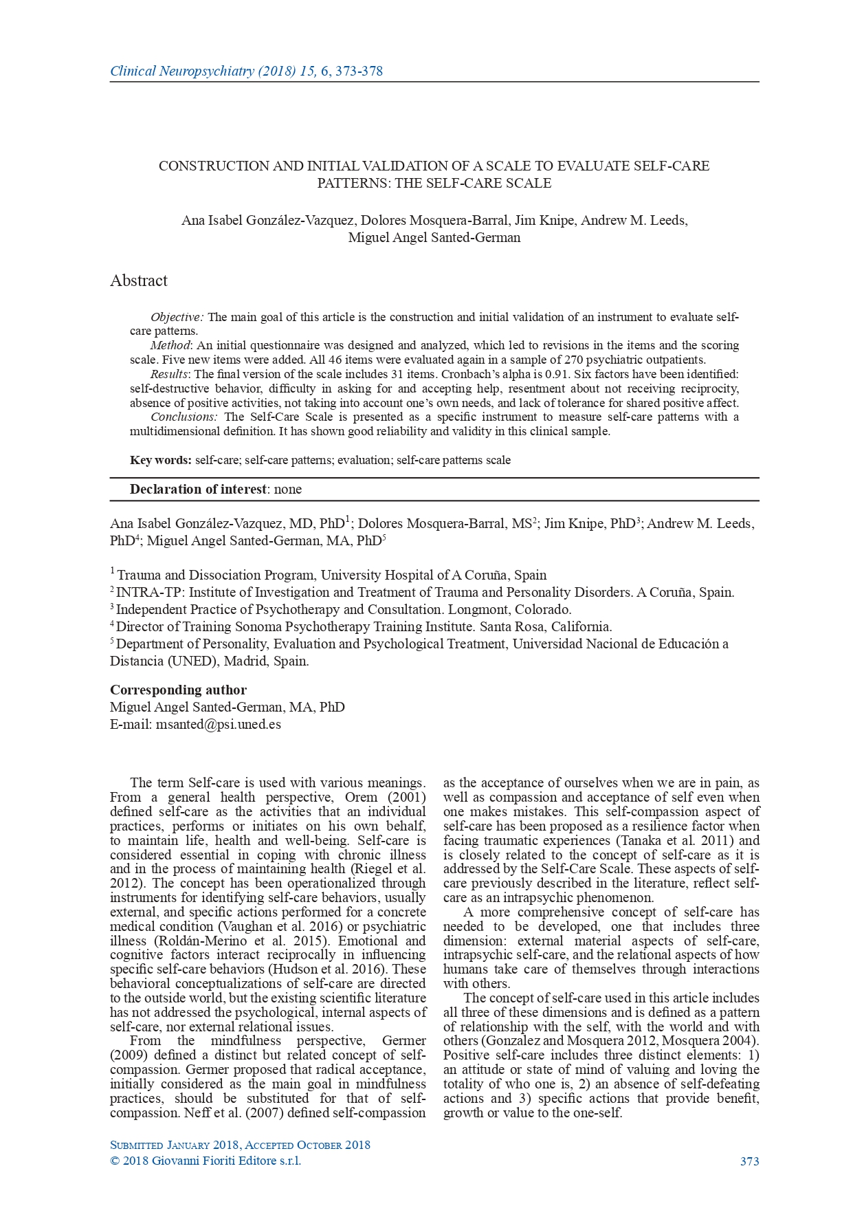 No. 6 - December 2018 - Construction and initial validation of a scale to evaluate self-care patterns
