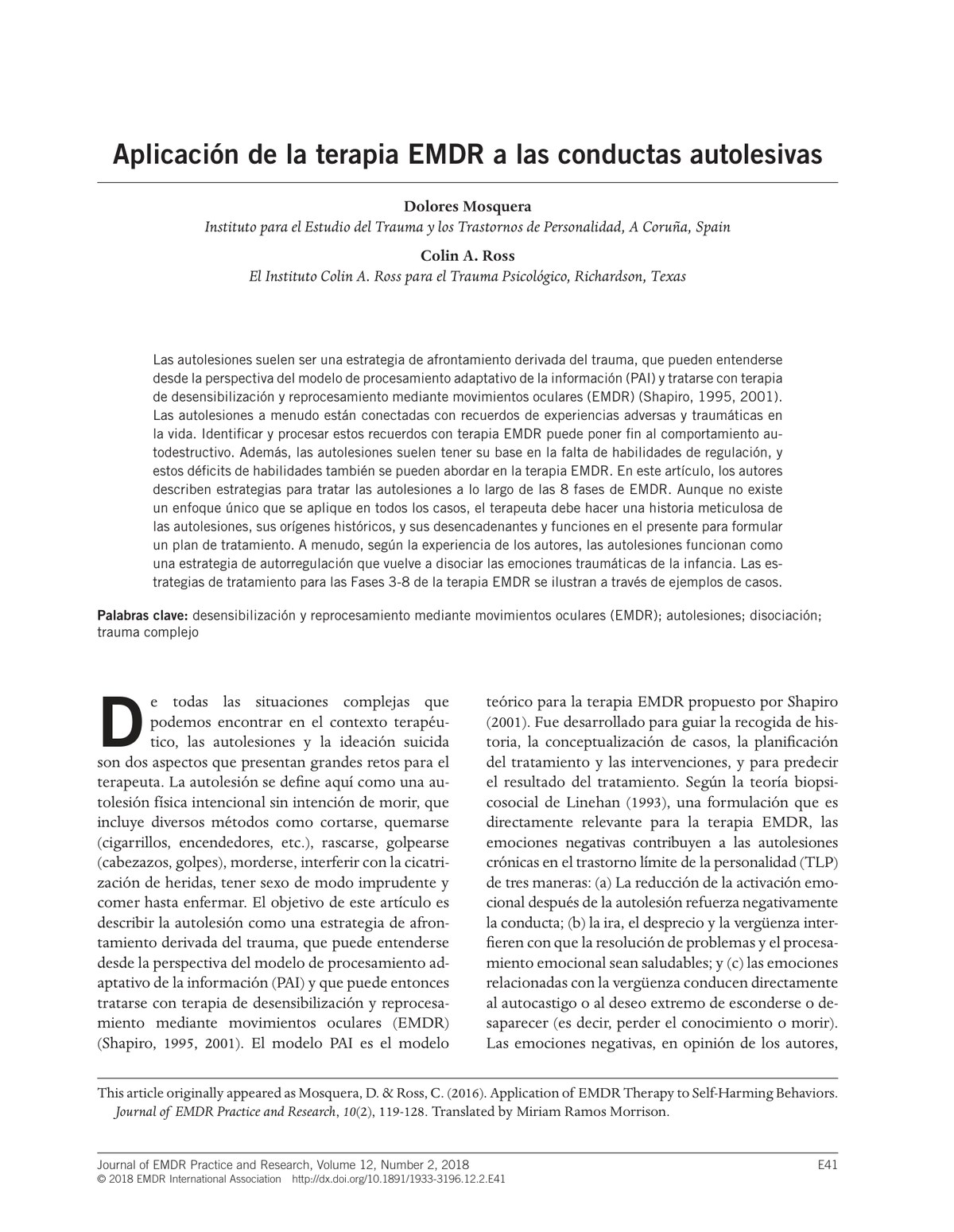 Aplicación de la terapia EMDR a las conductas autolesivas Mosquera & Ross