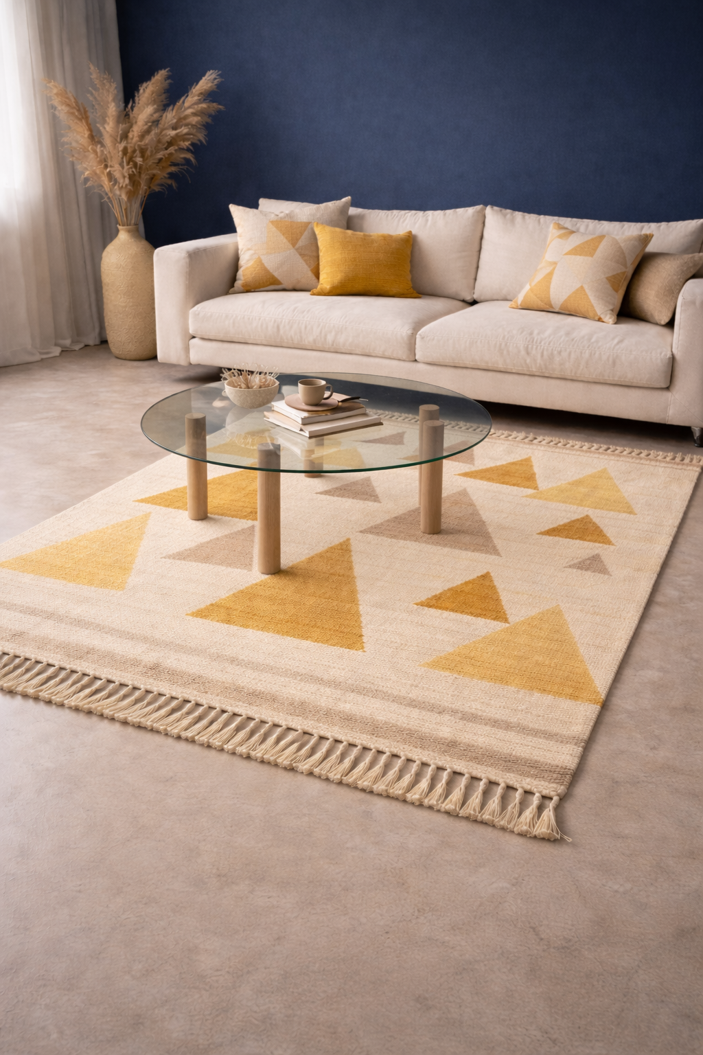 Alfombra geométrica beige y amarilla