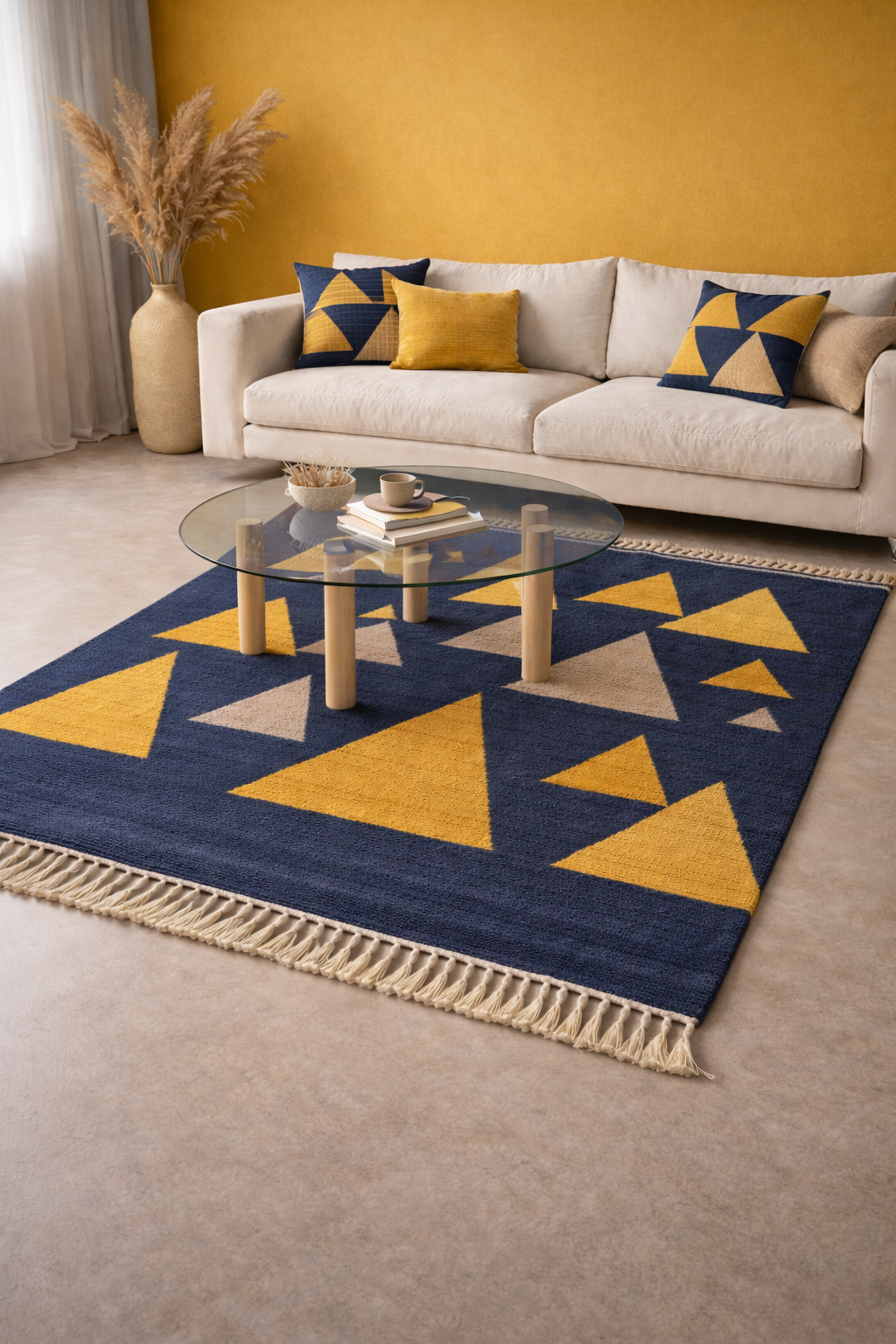 Alfombra geométrica beige y amarilla