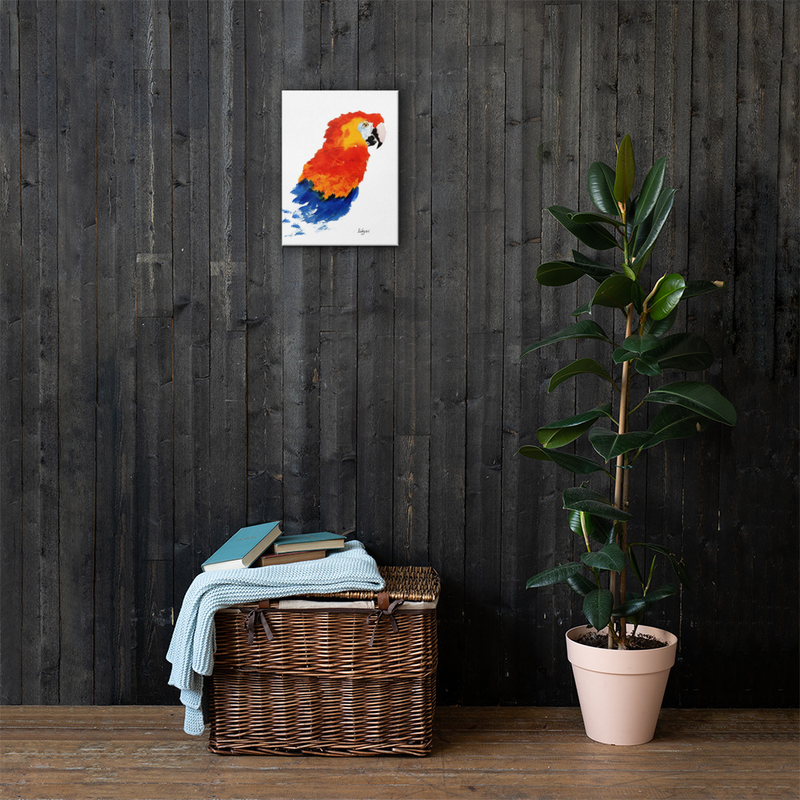 Red and Blue Parrot Watercolour print on Canvas 10x12"