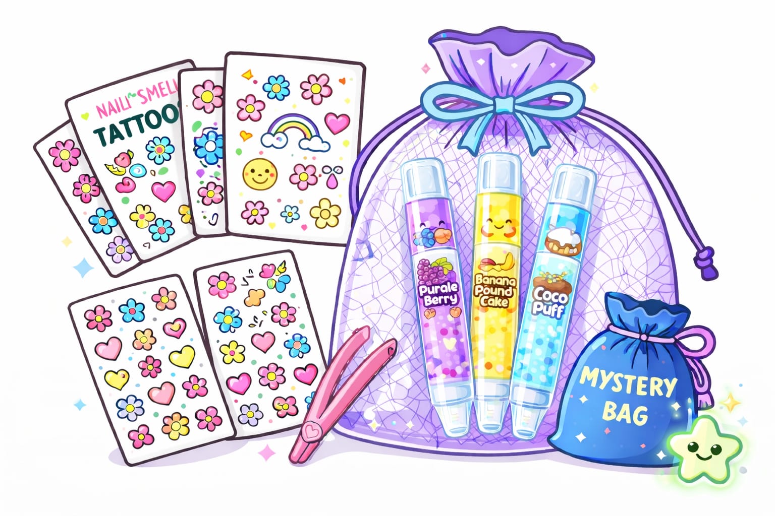 Nail Smell Gift Kit::: 3 Scent Pens · Nail Stickers · Tattoos · Cute Tweezers · Mystery Glow Figurine & More... Perfect Gift