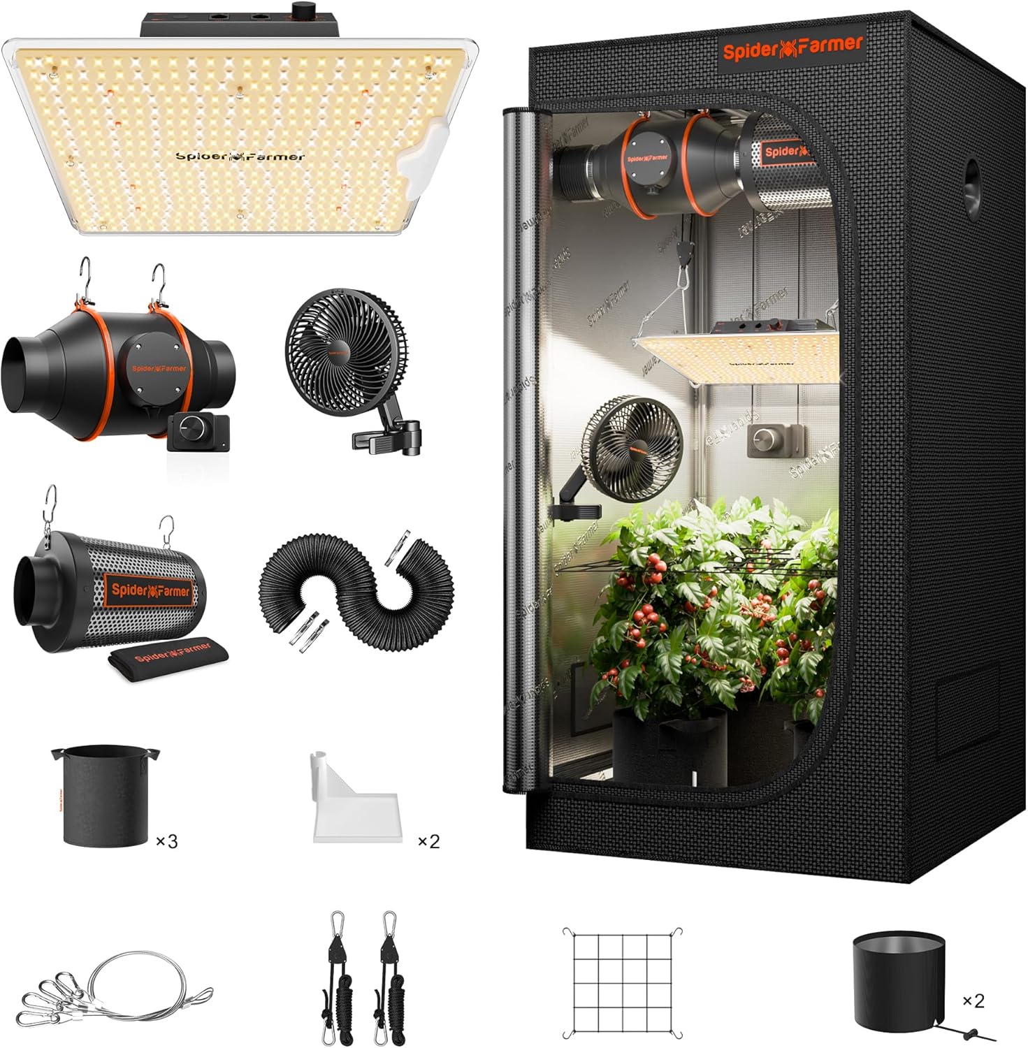 Spider Farmer Grow Tent Kit 2x2x5ft Complete System, SF1000D Bridgelux Diodes Full Spectrum LED Grow Light 24"X24"X55" Indoor 1680D Mylar Tent with 4" Ventilation System & 6'' Clip Fan