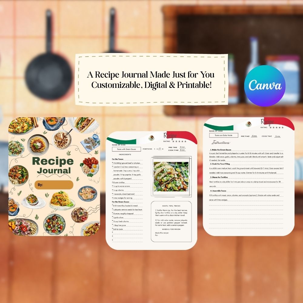 Editable Recipe Journal Template: 15 Recipes + Blank Pages 