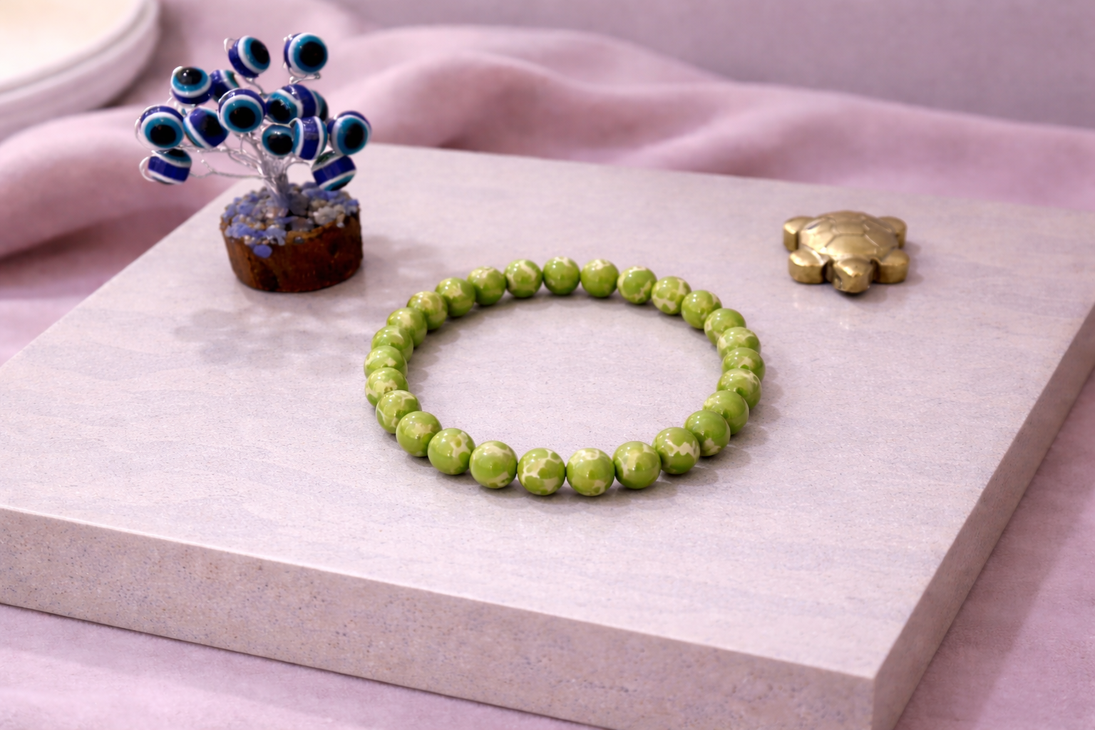 Green Opal Harmony Bracelet with Evil Eye Plant & Pyrite Tortoise | Certificate of Authenticity of Bracelet also included |